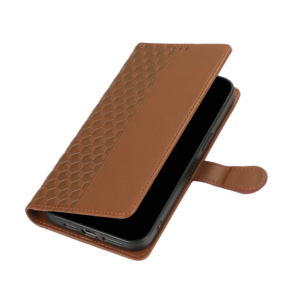 For iPhone 17 Pro Max Case 3D Rhombus Grid Imprinted Wallet Leather Phone Cover with Lanyard - Brown - Image 5