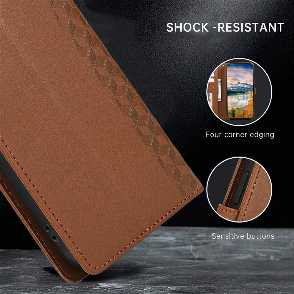 For iPhone 17 Pro Max Case 3D Rhombus Grid Imprinted Wallet Leather Phone Cover with Lanyard - Brown - Image 8
