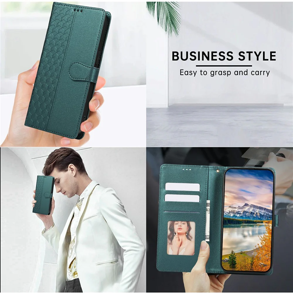 For iPhone 17 Pro Max Case 3D Rhombus Grid Imprinted Wallet Leather Phone Cover with Lanyard - Green - Image 6