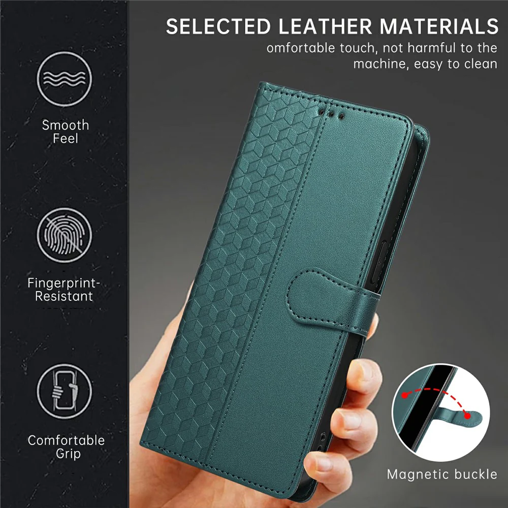 For iPhone 17 Pro Max Case 3D Rhombus Grid Imprinted Wallet Leather Phone Cover with Lanyard - Green - Image 7