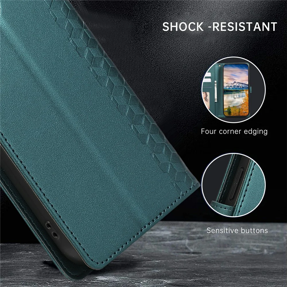 For iPhone 17 Pro Max Case 3D Rhombus Grid Imprinted Wallet Leather Phone Cover with Lanyard - Green - Image 8