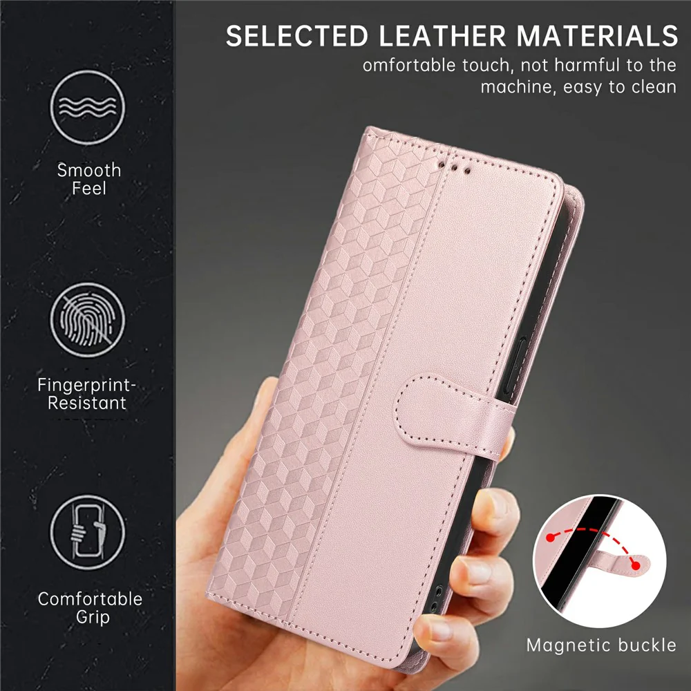 For iPhone 17 Pro Max Case 3D Rhombus Grid Imprinted Wallet Leather Phone Cover with Lanyard - Rose Gold - Image 7