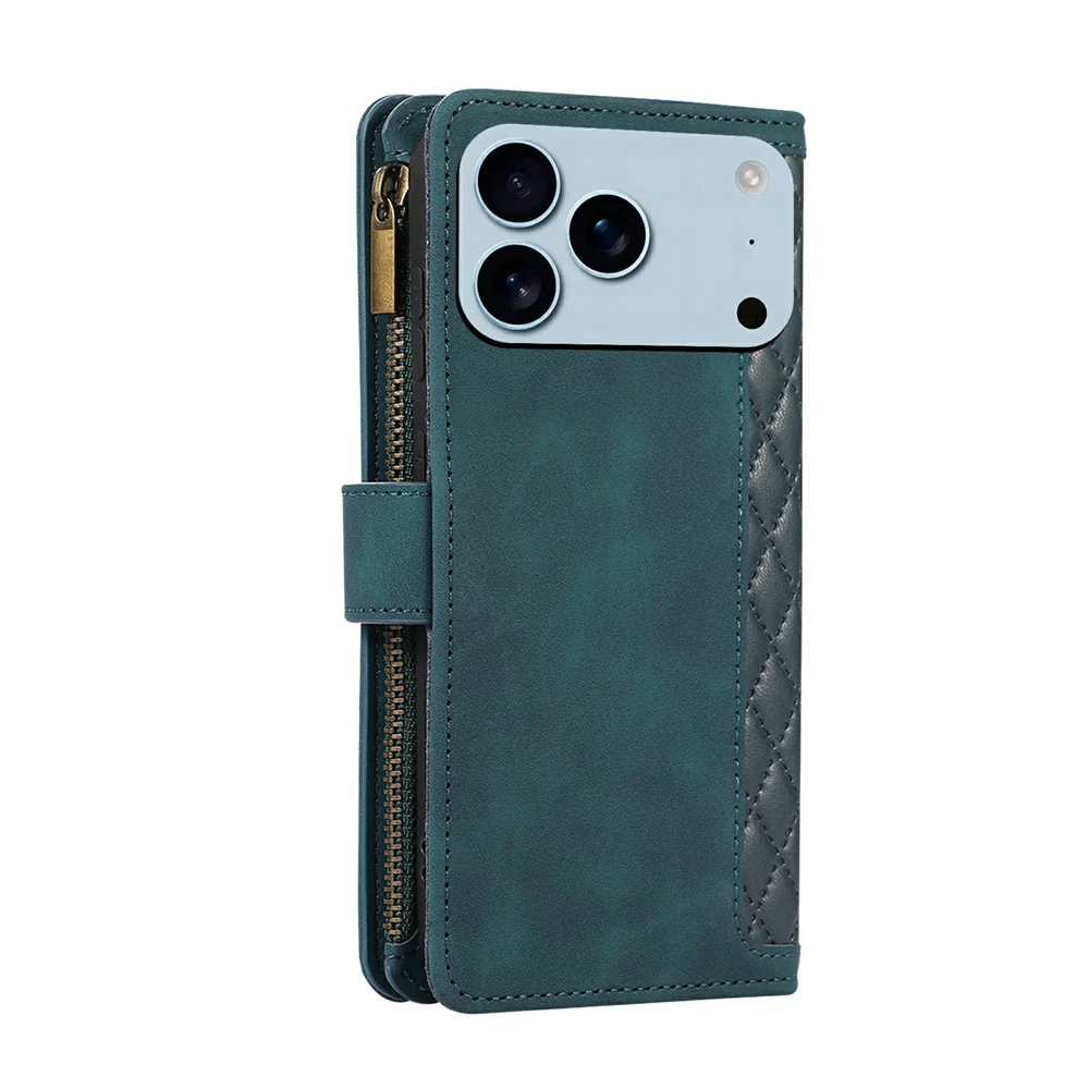 For iPhone 17 Pro Max Case 9 Card Slots Rhombus Design Leather Phone Cover with Wrist Strap - Blue - Image 8