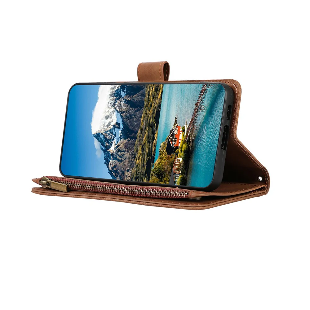For iPhone 17 Pro Max Case 9 Card Slots Rhombus Design Leather Phone Cover with Wrist Strap - Brown - Image 4