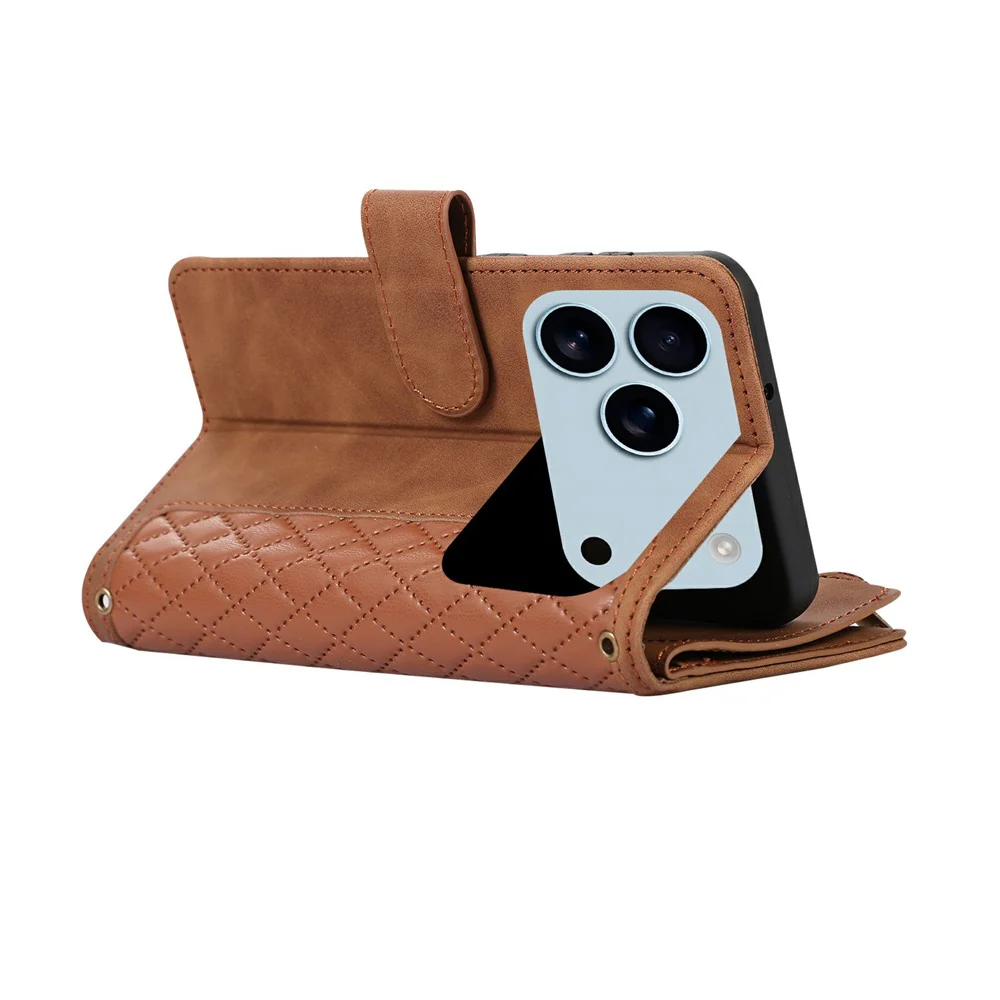 For iPhone 17 Pro Max Case 9 Card Slots Rhombus Design Leather Phone Cover with Wrist Strap - Brown - Image 5