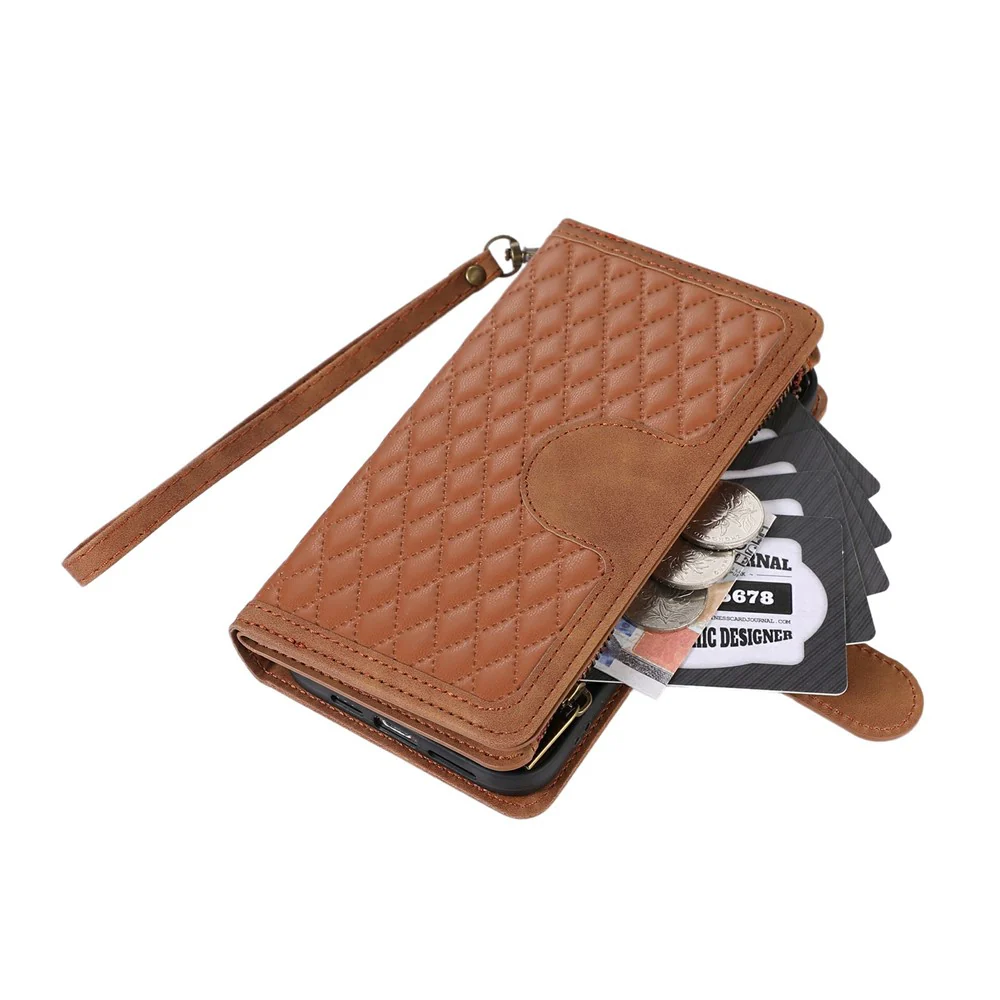 For iPhone 17 Pro Max Case 9 Card Slots Rhombus Design Leather Phone Cover with Wrist Strap - Brown - Image 6