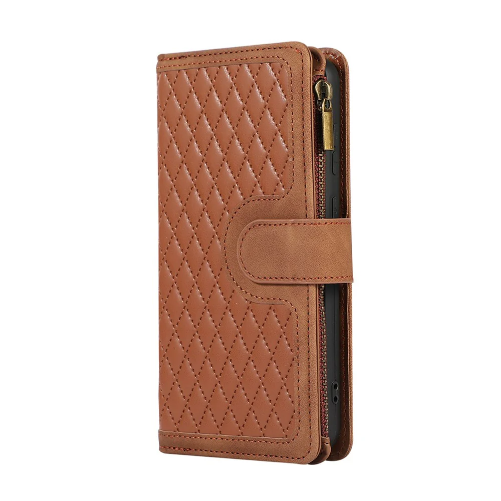 For iPhone 17 Pro Max Case 9 Card Slots Rhombus Design Leather Phone Cover with Wrist Strap - Brown - Image 7