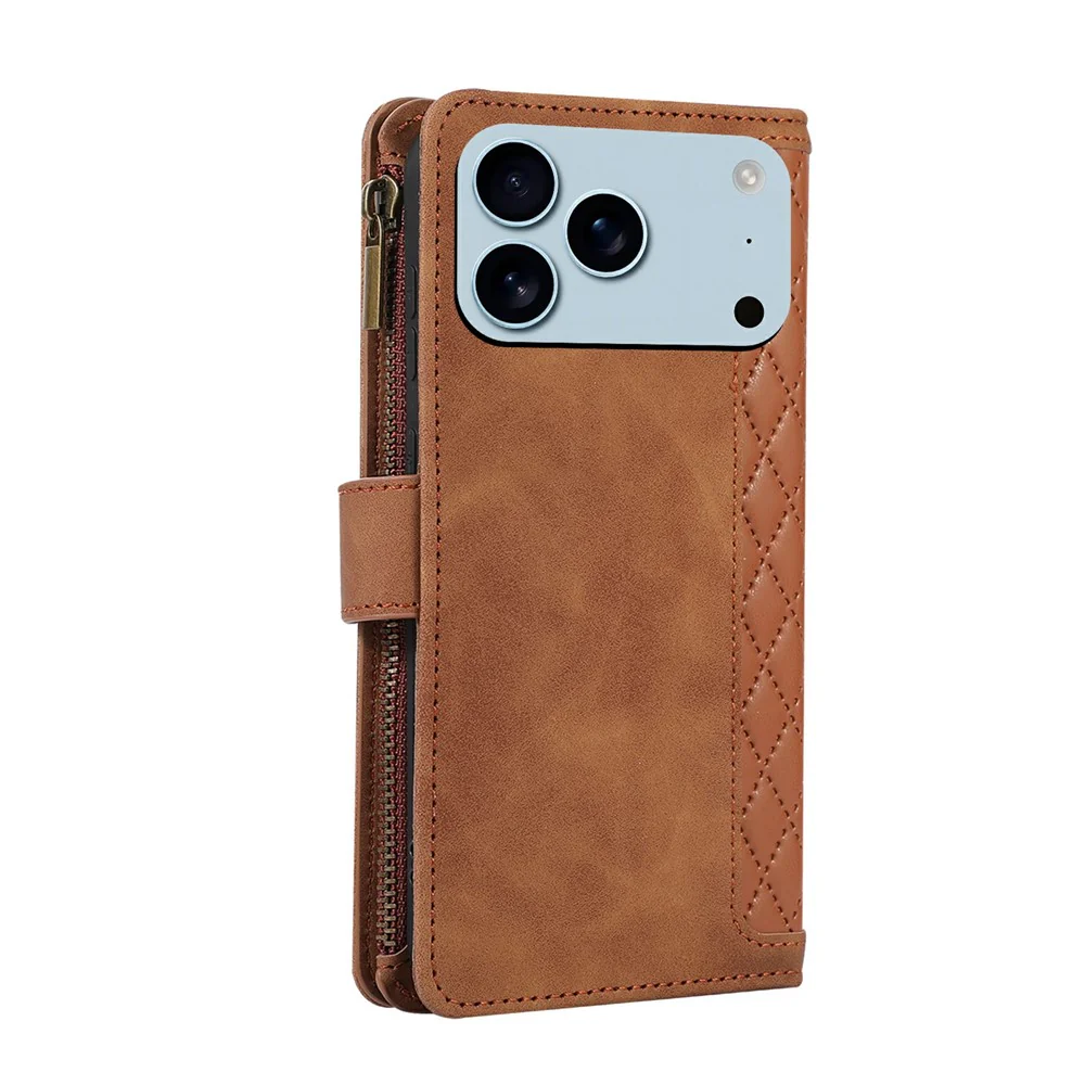 For iPhone 17 Pro Max Case 9 Card Slots Rhombus Design Leather Phone Cover with Wrist Strap - Brown - Image 8
