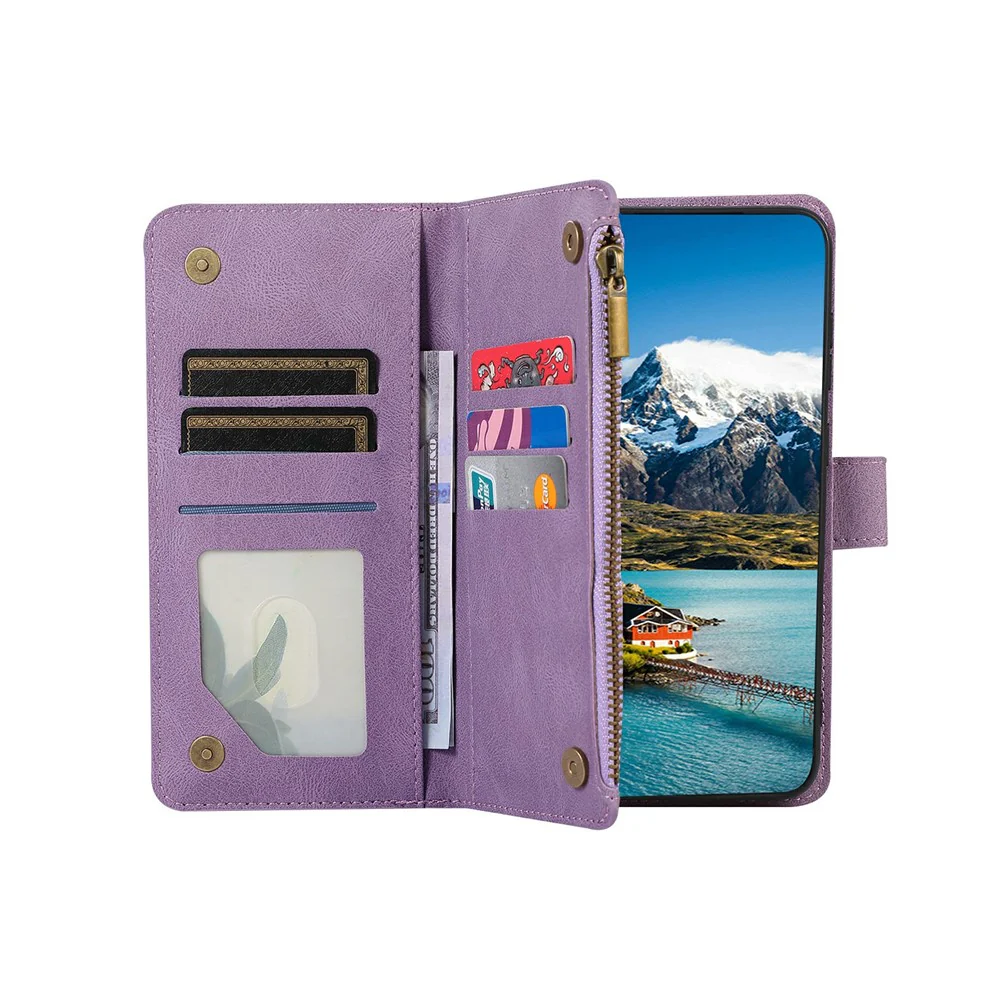 For iPhone 17 Pro Max Case 9 Card Slots Rhombus Design Leather Phone Cover with Wrist Strap - Purple - Image 3