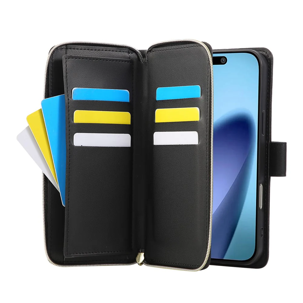 For iPhone 17 Pro Max Case 9 Card Slots Zipper Pocket PU Leather Cover with Wrist Strap - Black - Image 2