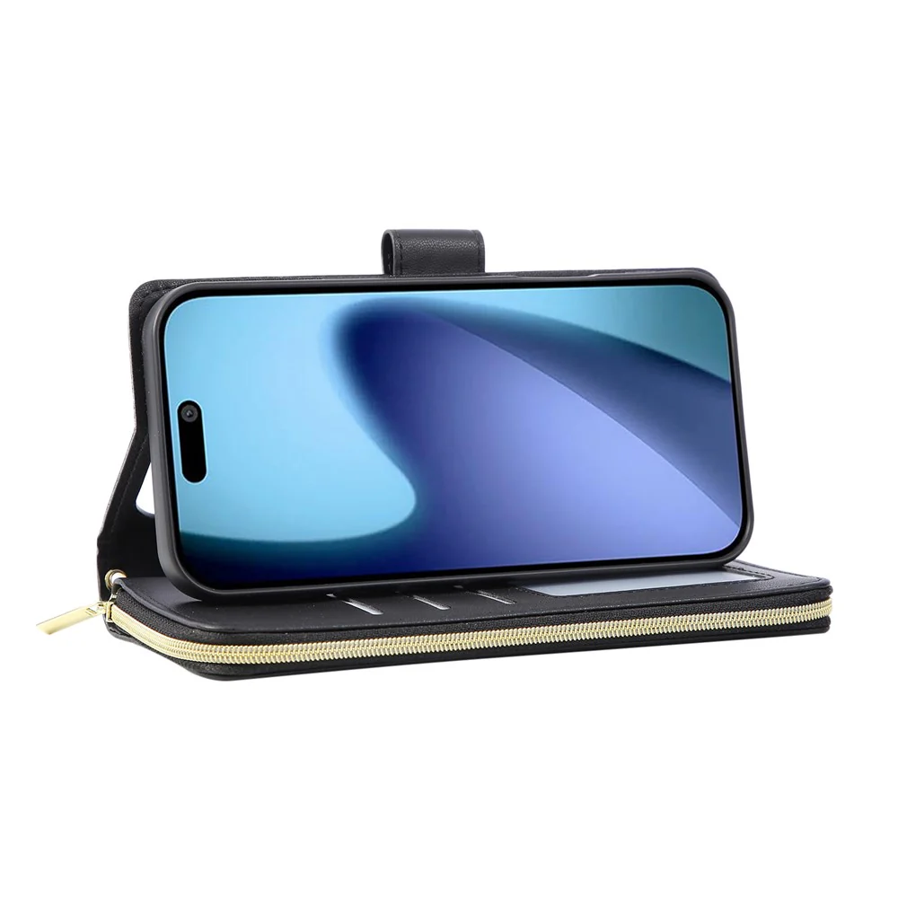 For iPhone 17 Pro Max Case 9 Card Slots Zipper Pocket PU Leather Cover with Wrist Strap - Black - Image 3