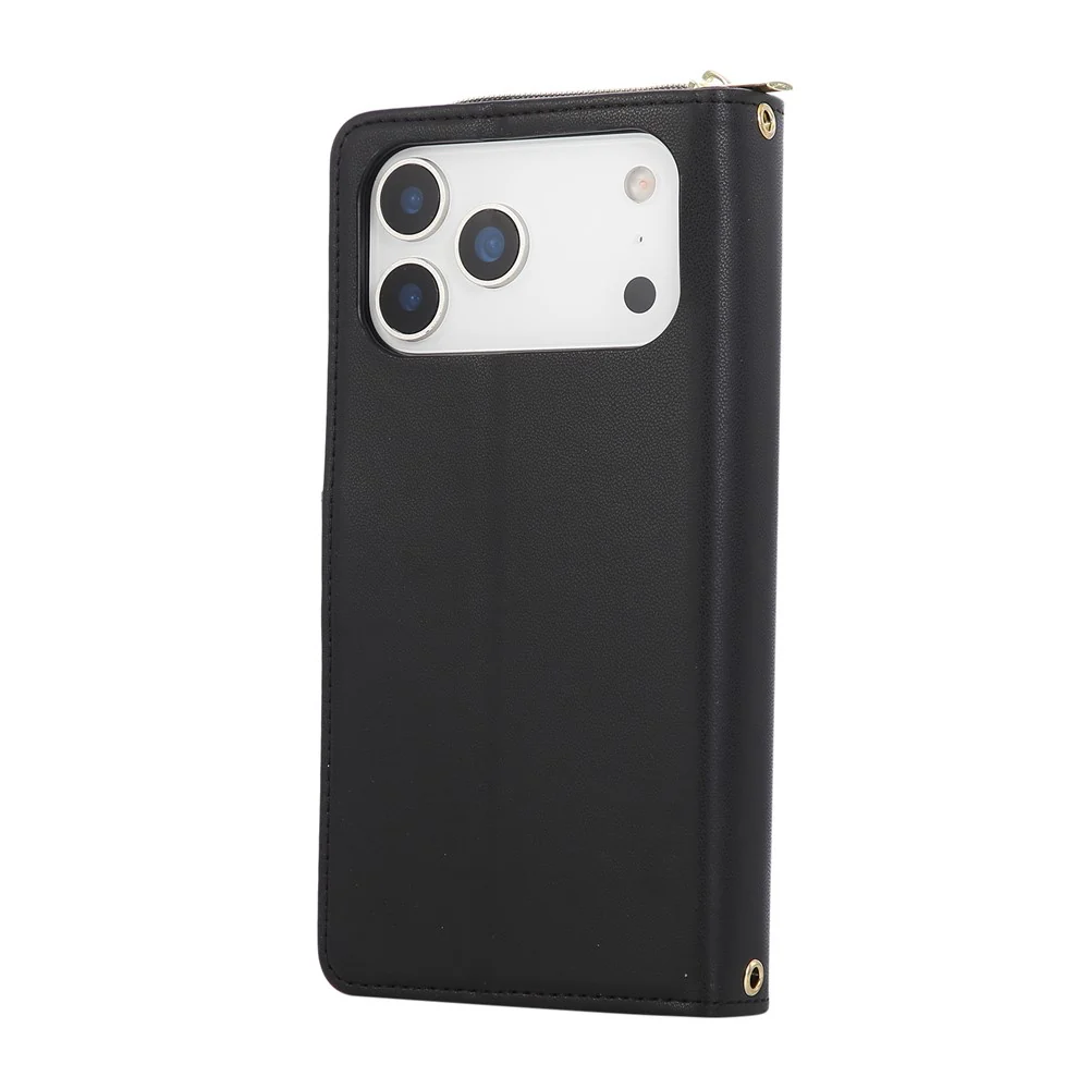 For iPhone 17 Pro Max Case 9 Card Slots Zipper Pocket PU Leather Cover with Wrist Strap - Black - Image 6