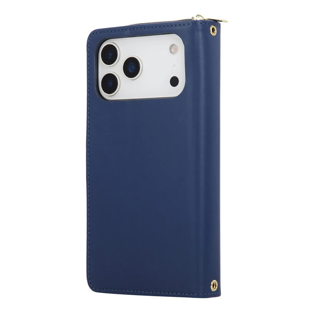 For iPhone 17 Pro Max Case 9 Card Slots Zipper Pocket PU Leather Cover with Wrist Strap - Blue - Image 6