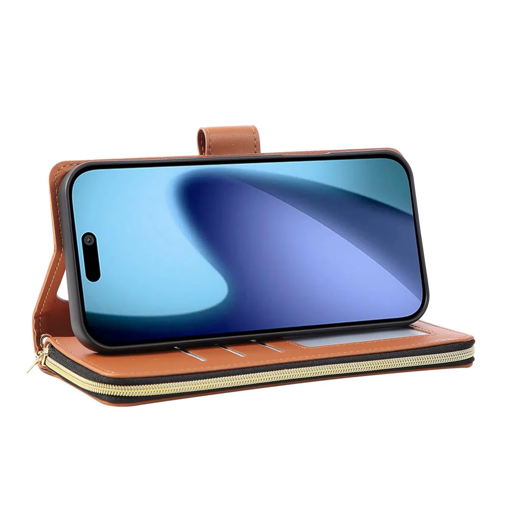 For iPhone 17 Pro Max Case 9 Card Slots Zipper Pocket PU Leather Cover with Wrist Strap - Brown - Image 3