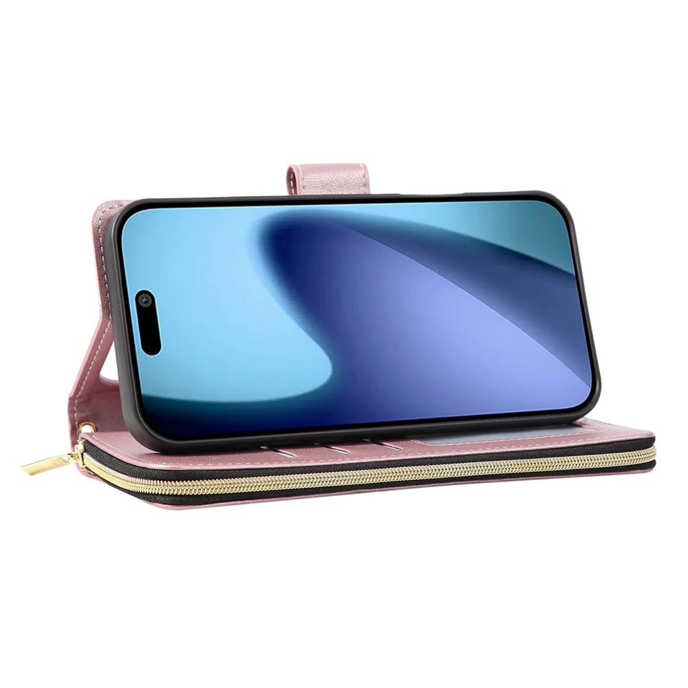 For iPhone 17 Pro Max Case 9 Card Slots Zipper Pocket PU Leather Cover with Wrist Strap - Rose Gold - Image 3