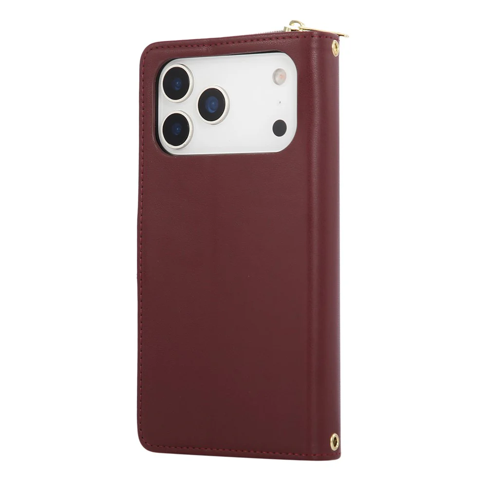 For iPhone 17 Pro Max Case 9 Card Slots Zipper Pocket PU Leather Cover with Wrist Strap - Wine Red - Image 6