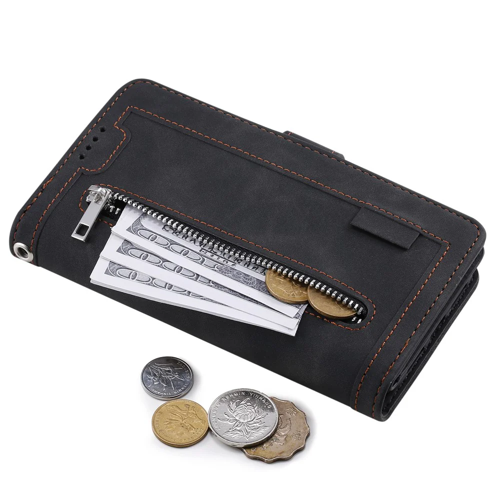 For iPhone 17 Pro Max Case 9 Card Slots Zipper Wallet PU Leather Phone Cover with Wrist Strap - Black - Image 5