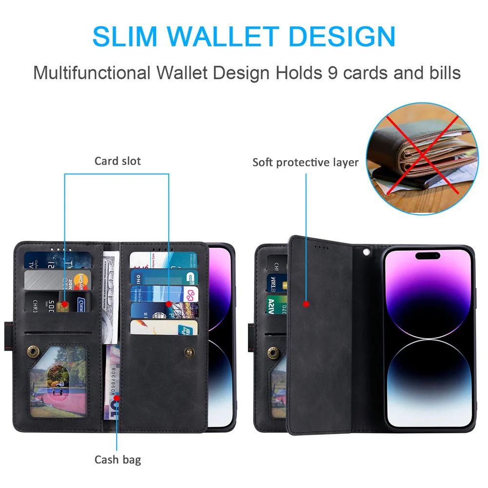 For iPhone 17 Pro Max Case 9 Card Slots Zipper Wallet PU Leather Phone Cover with Wrist Strap - Black - Image 6