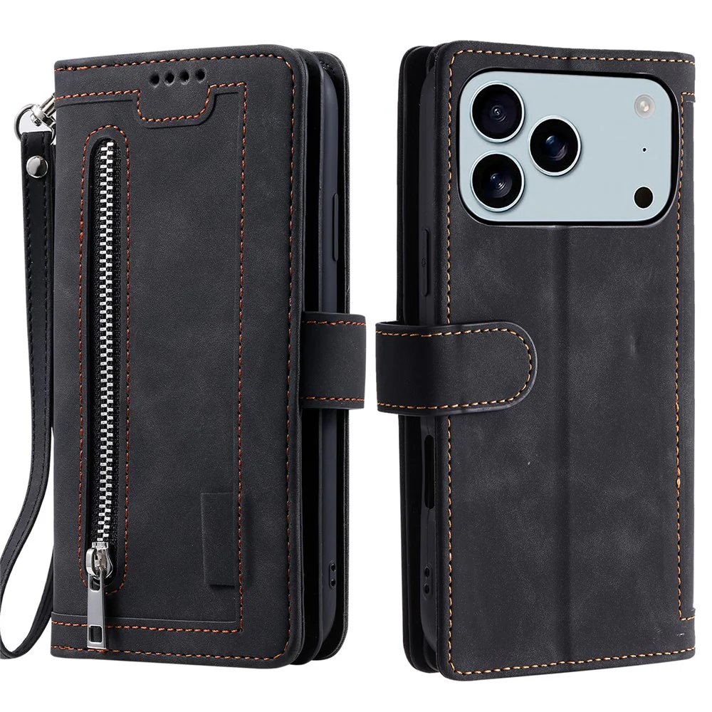 For iPhone 17 Pro Max Case 9 Card Slots Zipper Wallet PU Leather Phone Cover with Wrist Strap - Black - Image 7
