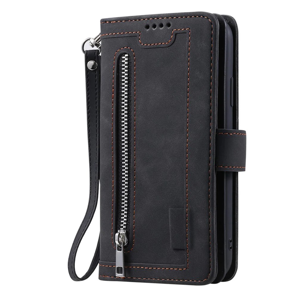 For iPhone 17 Pro Max Case 9 Card Slots Zipper Wallet PU Leather Phone Cover with Wrist Strap - Black - Image 8