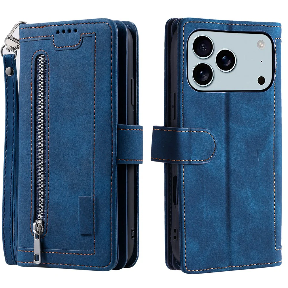For iPhone 17 Pro Max Case 9 Card Slots Zipper Wallet PU Leather Phone Cover with Wrist Strap - Blue - Image 7