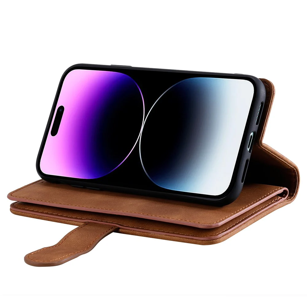 For iPhone 17 Pro Max Case 9 Card Slots Zipper Wallet PU Leather Phone Cover with Wrist Strap - Brown - Image 3