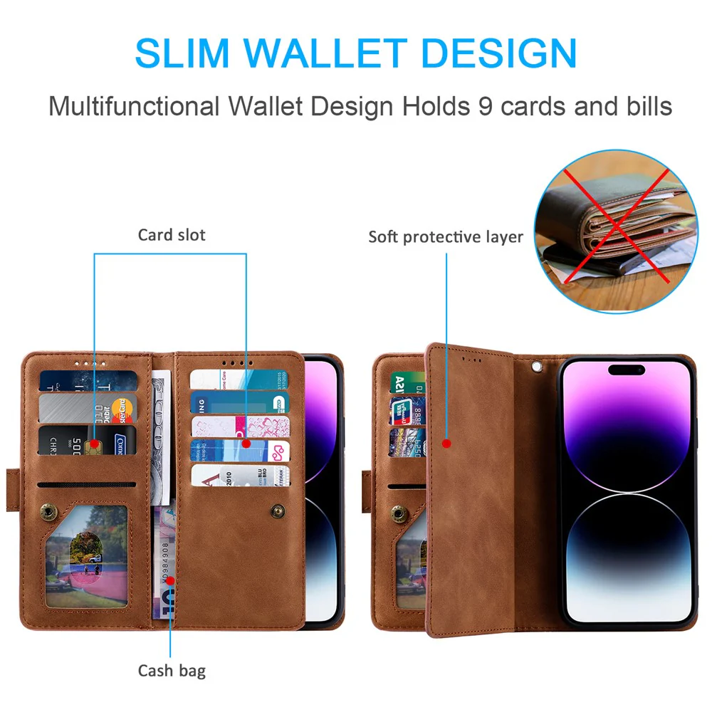 For iPhone 17 Pro Max Case 9 Card Slots Zipper Wallet PU Leather Phone Cover with Wrist Strap - Brown - Image 5