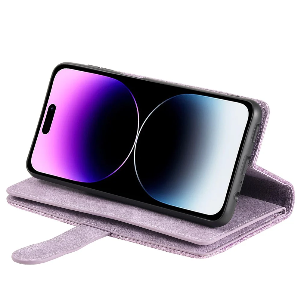 For iPhone 17 Pro Max Case 9 Card Slots Zipper Wallet PU Leather Phone Cover with Wrist Strap - Purple - Image 4