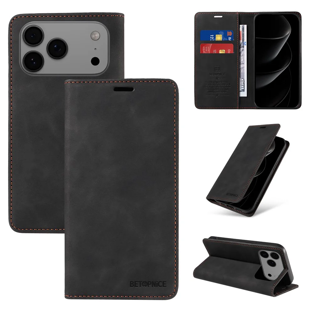For iPhone 17 Pro Max Case BETOPNICE Magnetic Closure RFID Blocking Wallet Stand Leather Phone Cover - Black - Image 3