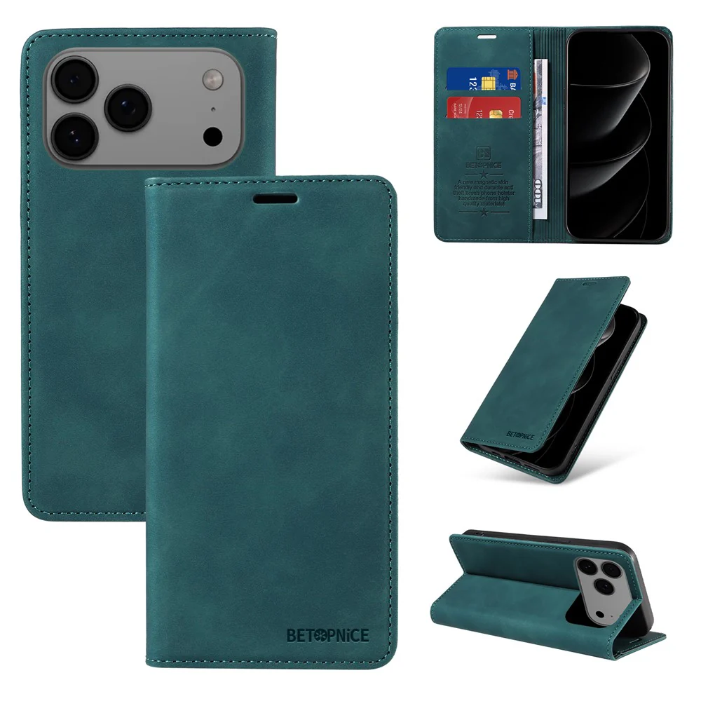 For iPhone 17 Pro Max Case BETOPNICE Magnetic Closure RFID Blocking Wallet Stand Leather Phone Cover - Green - Image 3