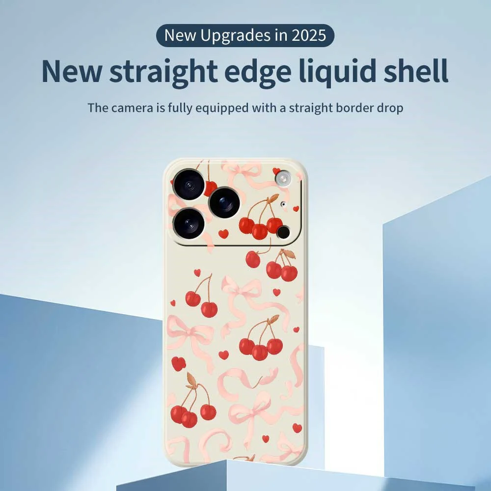 For iPhone 17 Pro Max Case Big Bow Cherry Pattern Printing Straight Edge TPU Phone Back Cover - Beige - Image 3