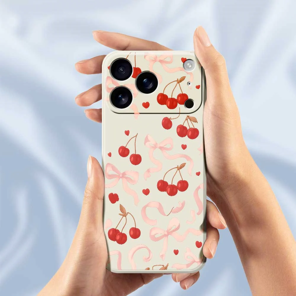 For iPhone 17 Pro Max Case Big Bow Cherry Pattern Printing Straight Edge TPU Phone Back Cover - Black - Image 6