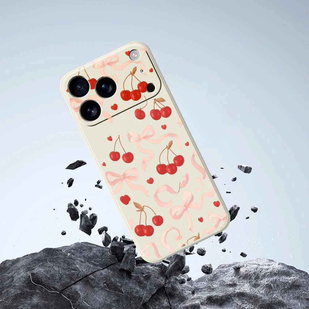 For iPhone 17 Pro Max Case Big Bow Cherry Pattern Printing Straight Edge TPU Phone Back Cover - Black - Image 7