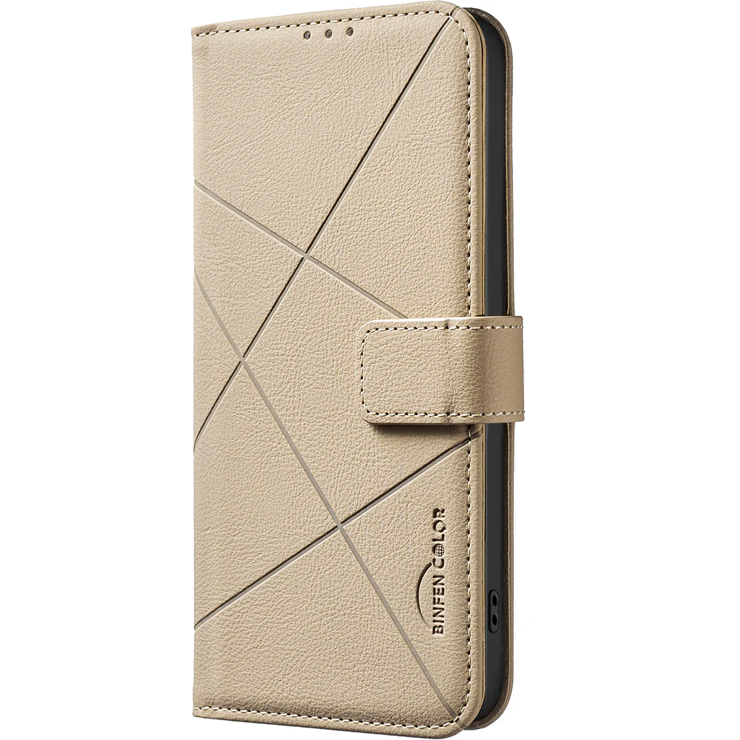 For iPhone 17 Pro Max Case BINFEN COLOR BF35 Geometry Imprinted Leather Phone Cover RFID Blocking Wallet Stand - Beige - Image 2