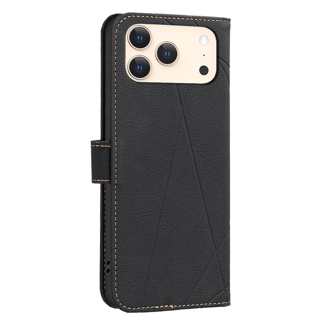 For iPhone 17 Pro Max Case BINFEN COLOR BF35 Geometry Imprinted Leather Phone Cover RFID Blocking Wallet Stand - Black - Image 3