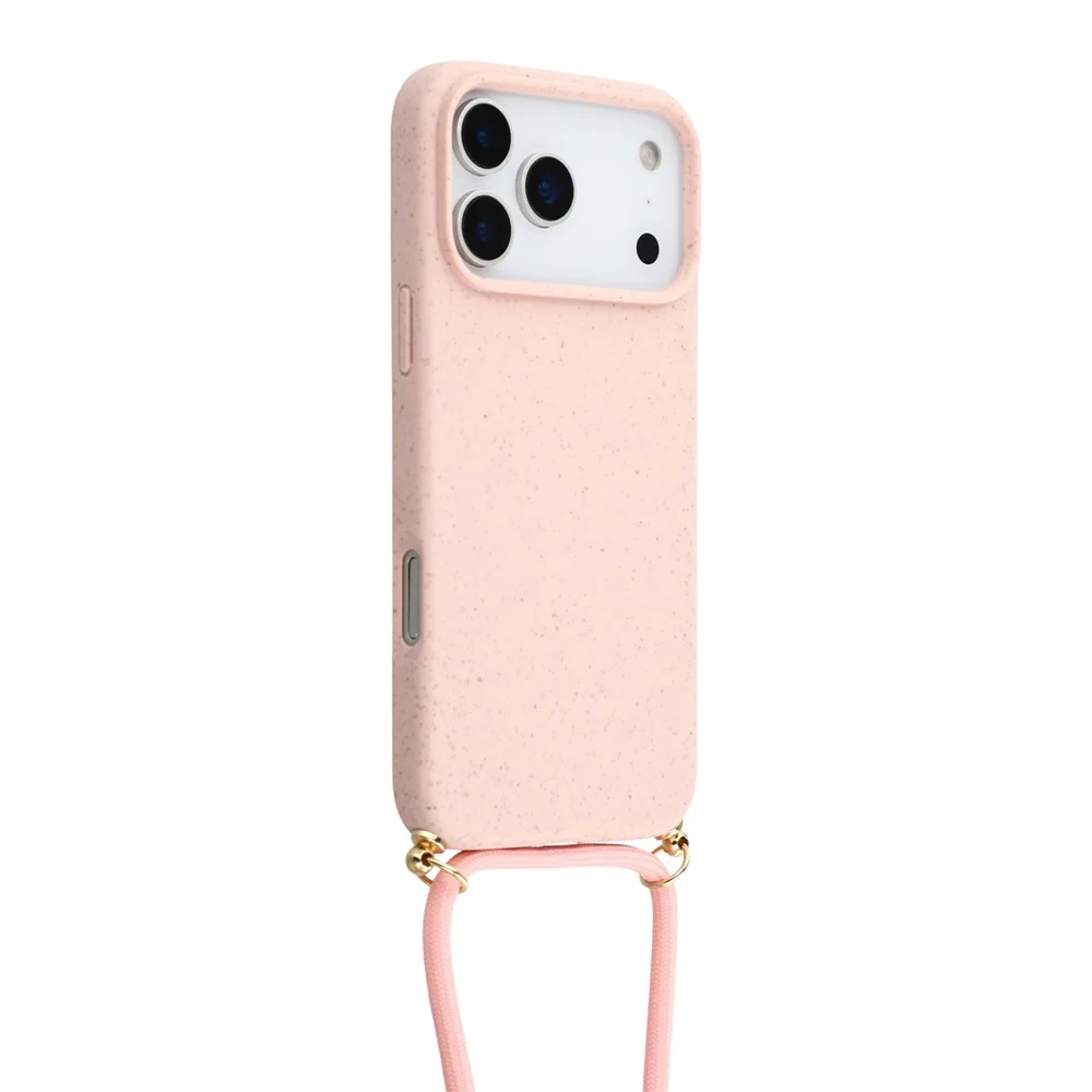 For iPhone 17 Pro Max Case Biodegradable Wheat Straw + TPU Eco-Friendly Phone Cover with Lanyard - Pink - Image 3