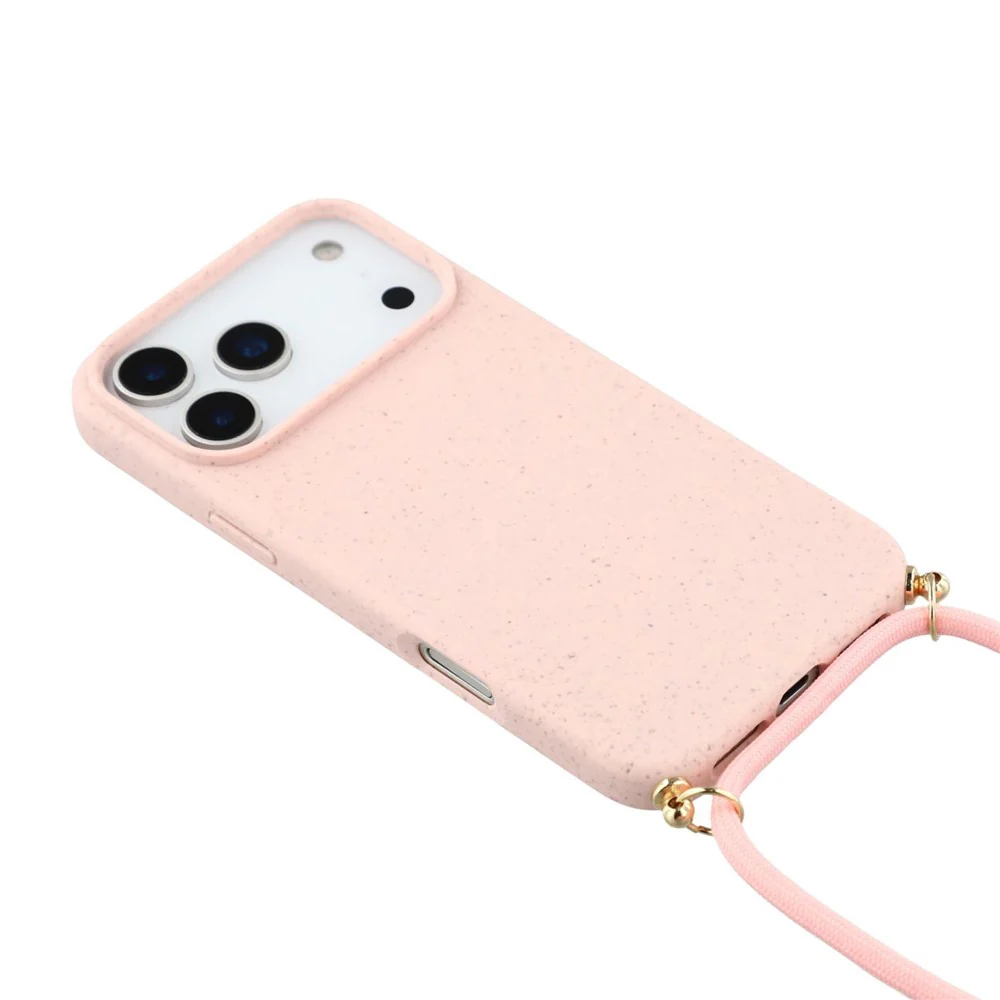For iPhone 17 Pro Max Case Biodegradable Wheat Straw + TPU Eco-Friendly Phone Cover with Lanyard - Pink - Image 4