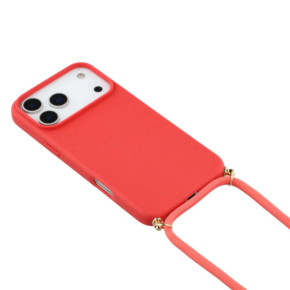 For iPhone 17 Pro Max Case Biodegradable Wheat Straw + TPU Eco-Friendly Phone Cover with Lanyard - Red - Image 4
