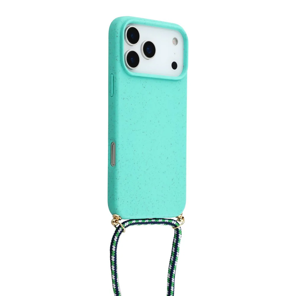 For iPhone 17 Pro Max Case Biodegradable Wheat Straw + TPU Eco-Friendly Phone Cover with Lanyard - Sky Blue - Image 3