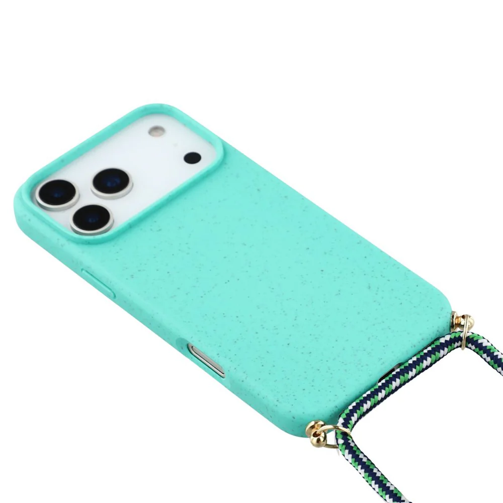 For iPhone 17 Pro Max Case Biodegradable Wheat Straw + TPU Eco-Friendly Phone Cover with Lanyard - Sky Blue - Image 4