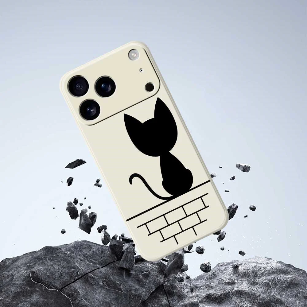 For iPhone 17 Pro Max Case Black Cat on the Wall Pattern Printing Straight Edge TPU Phone Back Cover - Beige - Image 7