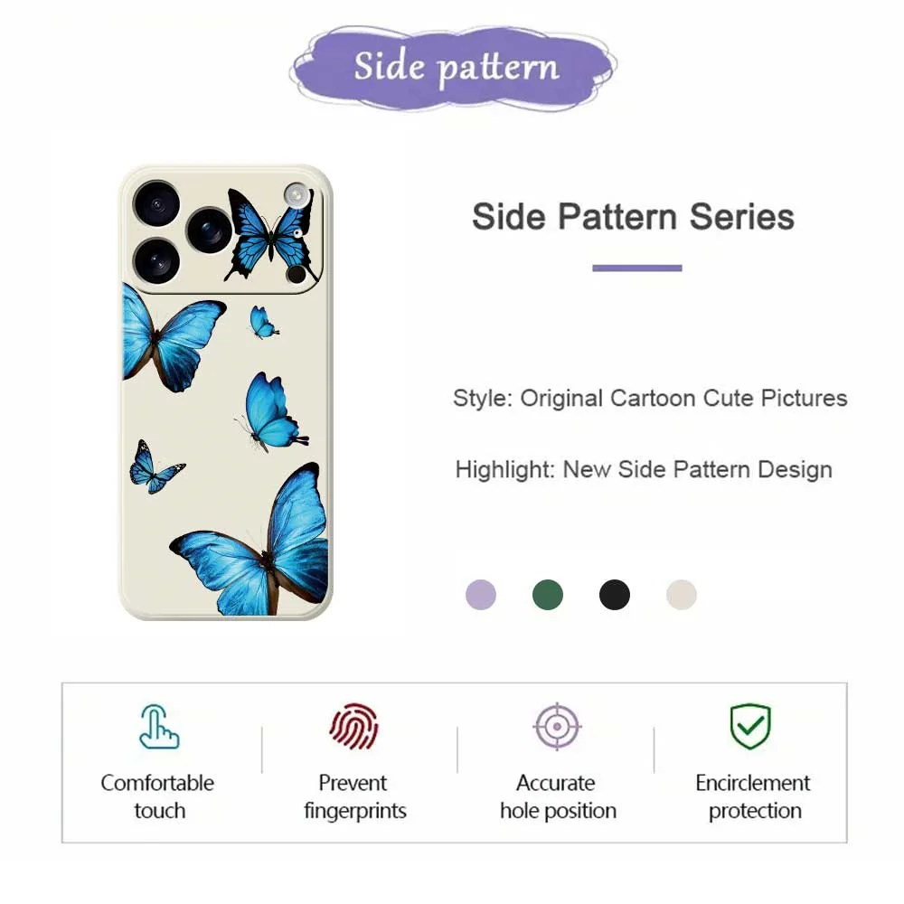 For iPhone 17 Pro Max Case Blue Butterflies Pattern Printing Straight Edge TPU Phone Back Cover - Green - Image 2