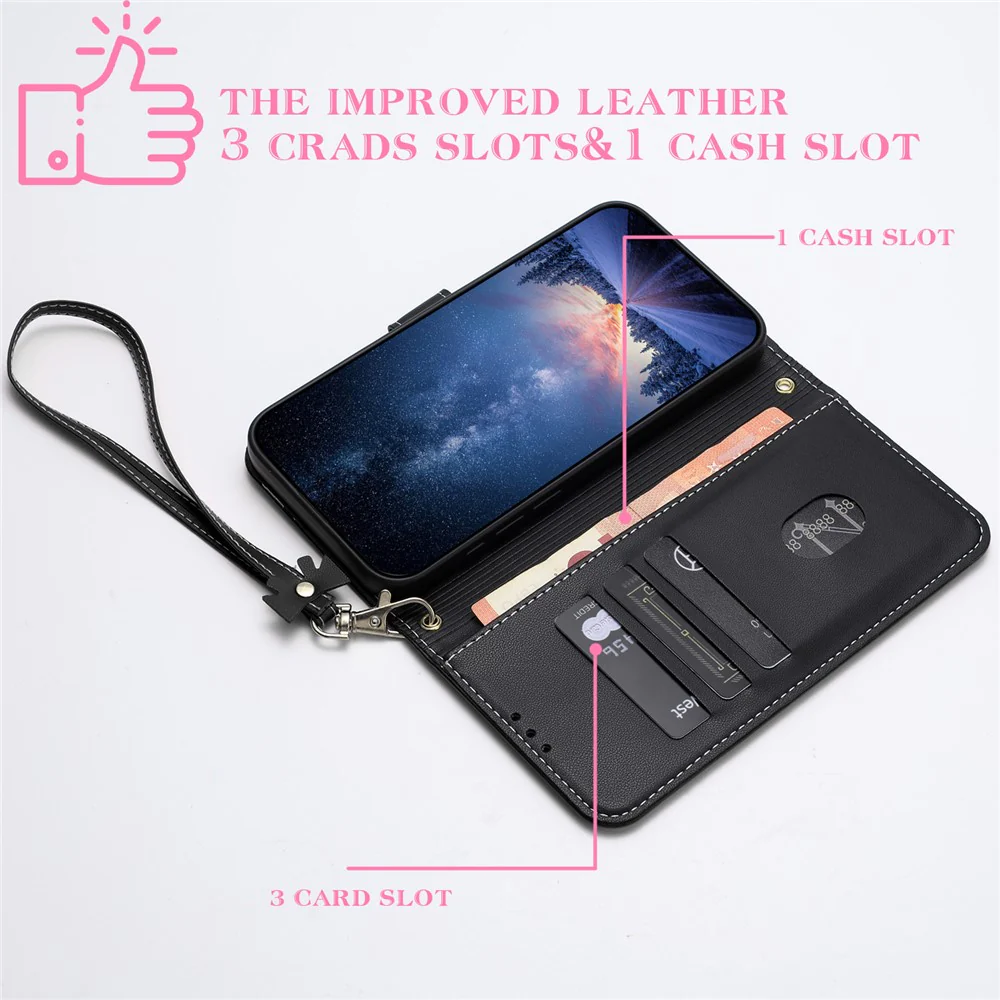 For iPhone 17 Pro Max Case Bowknot Decor Wallet Leather Phone Cover with Wrist Strap - Black - Image 3