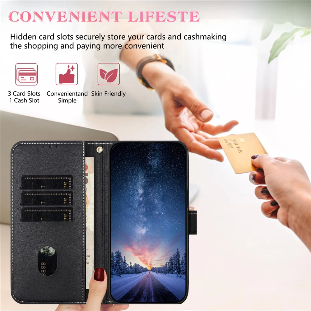 For iPhone 17 Pro Max Case Bowknot Decor Wallet Leather Phone Cover with Wrist Strap - Black - Image 4