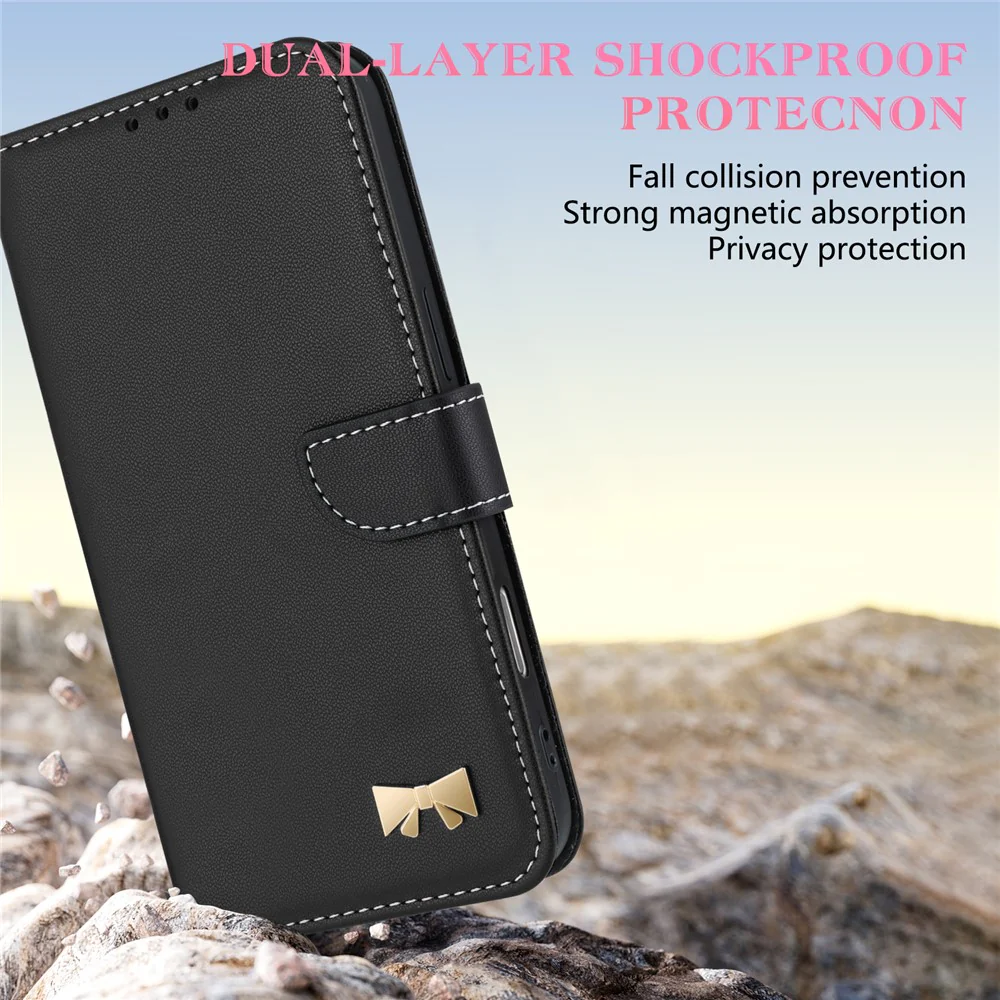 For iPhone 17 Pro Max Case Bowknot Decor Wallet Leather Phone Cover with Wrist Strap - Black - Image 7