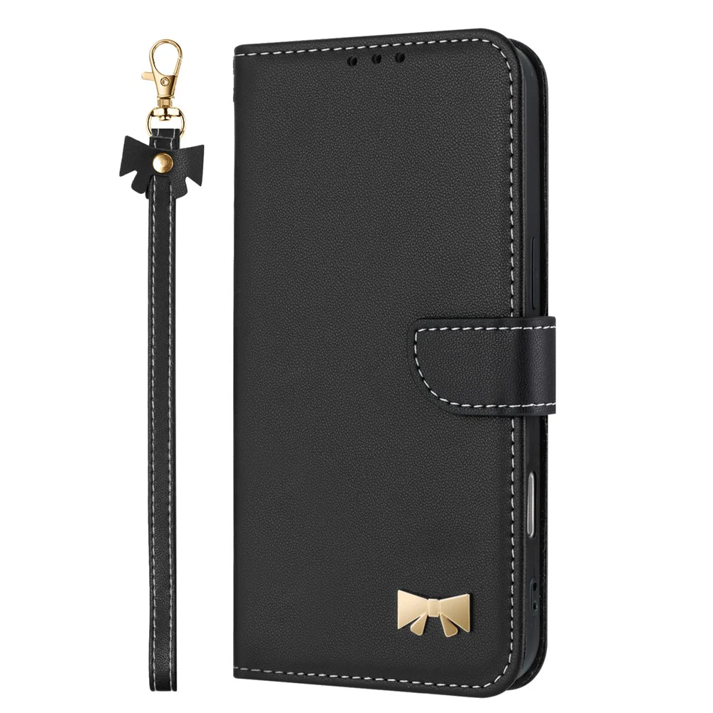 For iPhone 17 Pro Max Case Bowknot Decor Wallet Leather Phone Cover with Wrist Strap - Black - Image 8