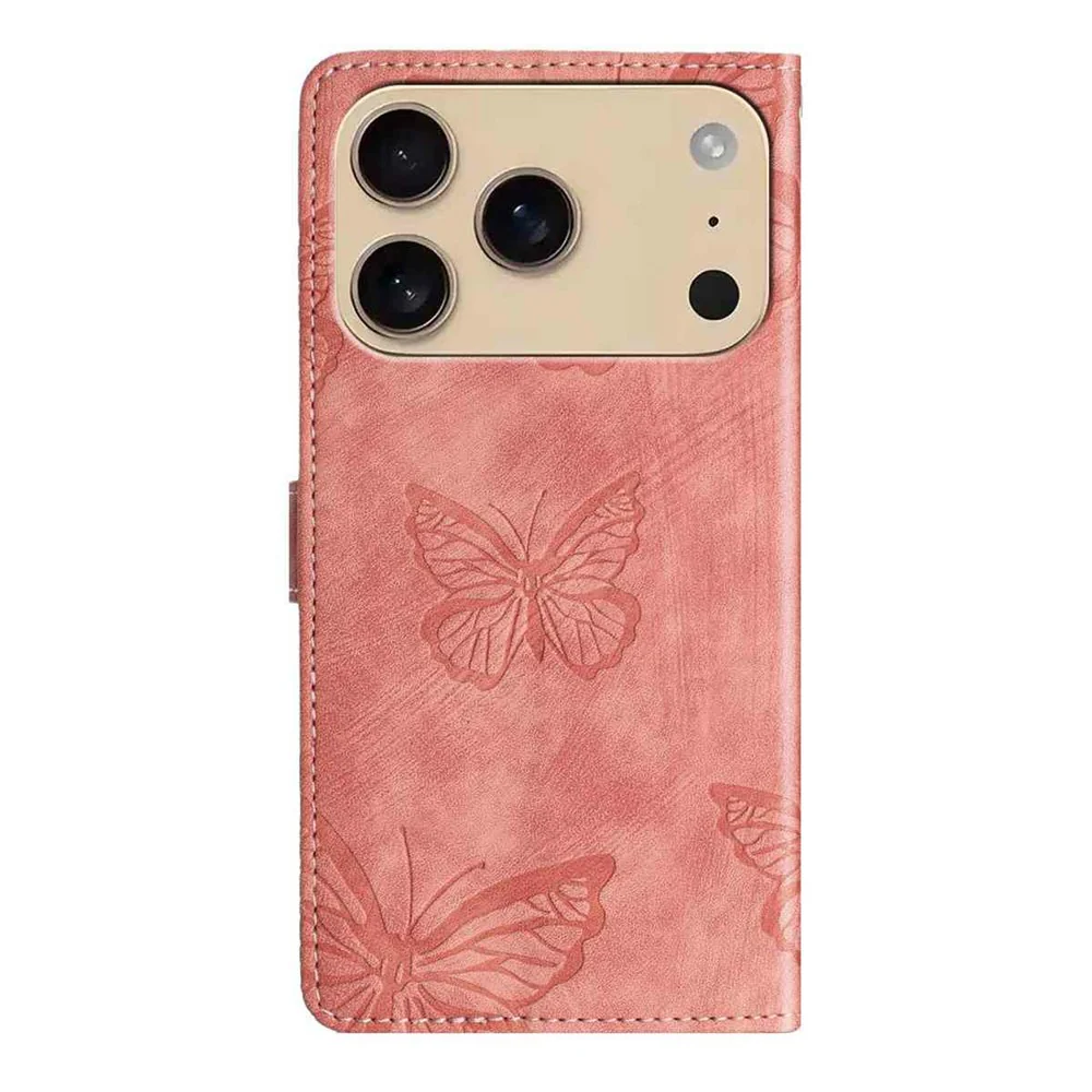 For iPhone 17 Pro Max Case Butterfly Design Flip Wallet Leather Phone Cover Skin-Touch - Pink - Image 8