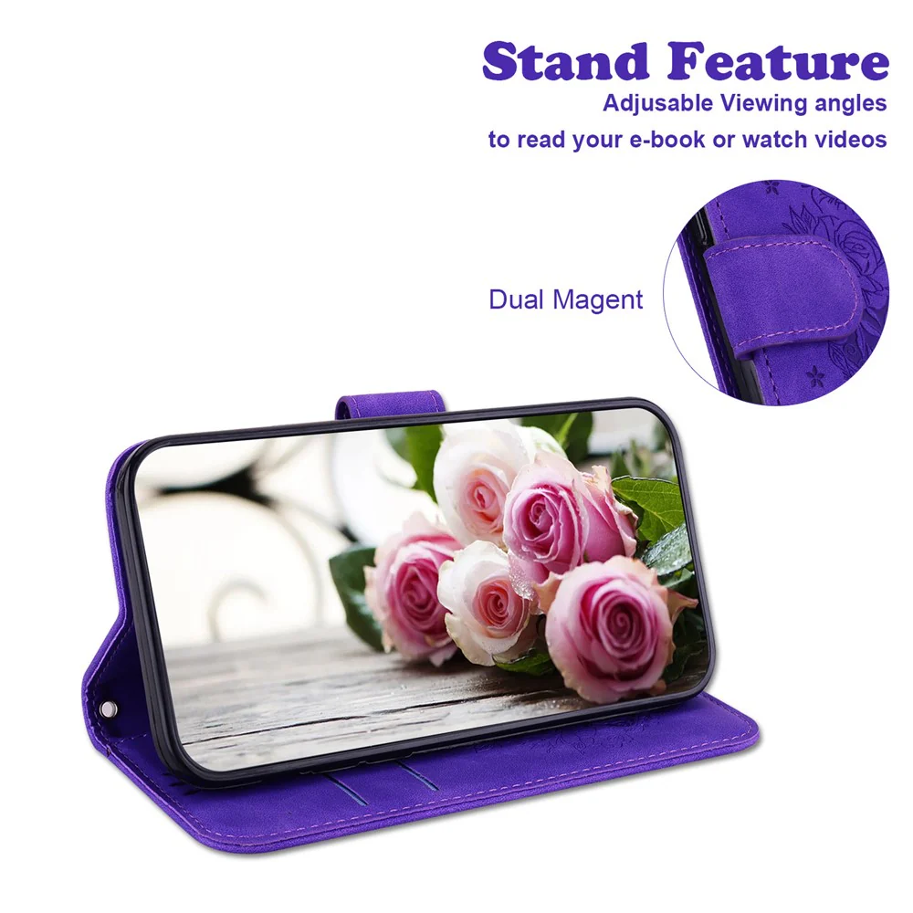 For iPhone 17 Pro Max Case Butterfly Flower Imprint PU Leather Wallet Phone Cover with Strap - Purple - Image 3