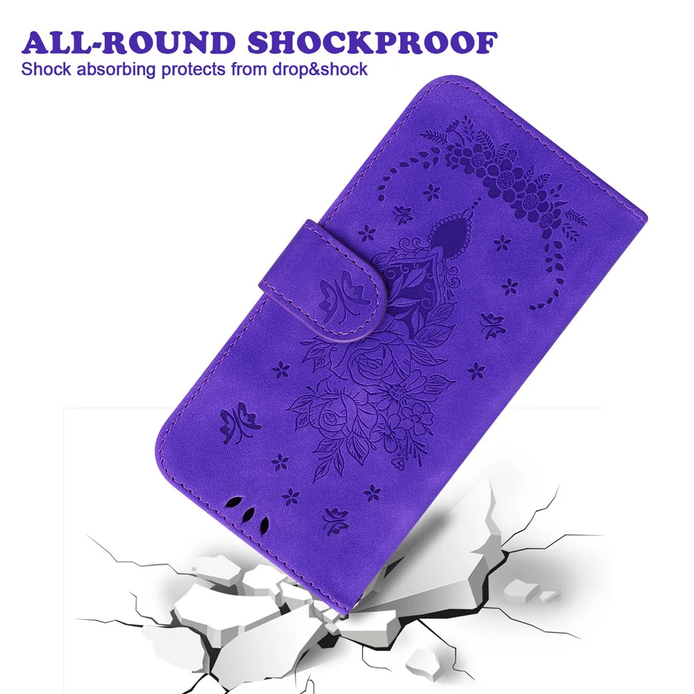 For iPhone 17 Pro Max Case Butterfly Flower Imprint PU Leather Wallet Phone Cover with Strap - Purple - Image 5