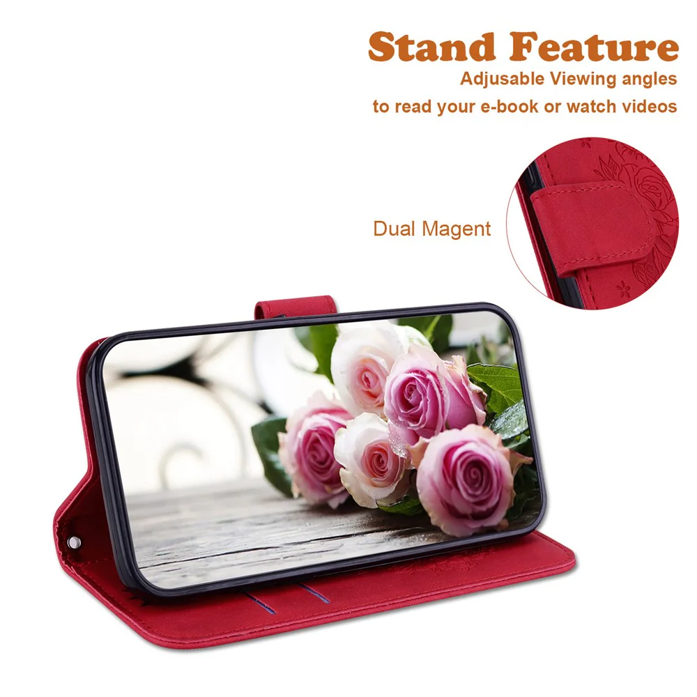For iPhone 17 Pro Max Case Butterfly Flower Imprint PU Leather Wallet Phone Cover with Strap - Red - Image 3